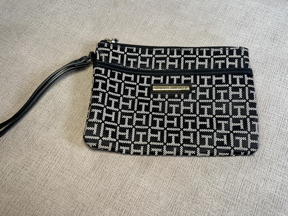 Tommy Hilfiger Wristlet Clutch Bag Womens One Size Black White TH Monogram Zip